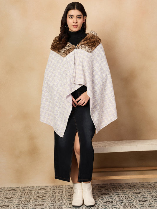 InWeave Mauve White Big Check Acrylic Fur Poncho - Swadesiicart