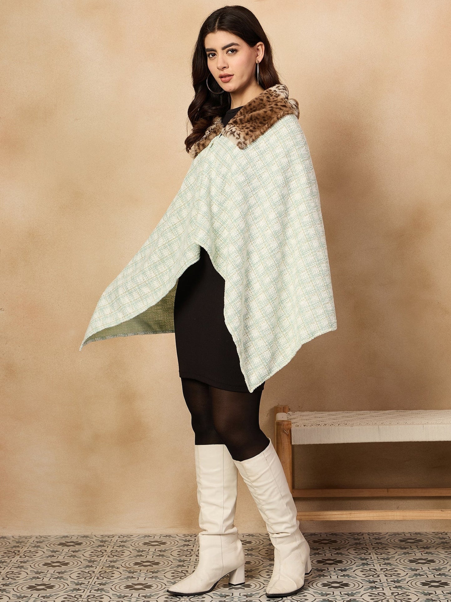 InWeave Green White Big Check Acrylic Fur Poncho - Swadesiicart