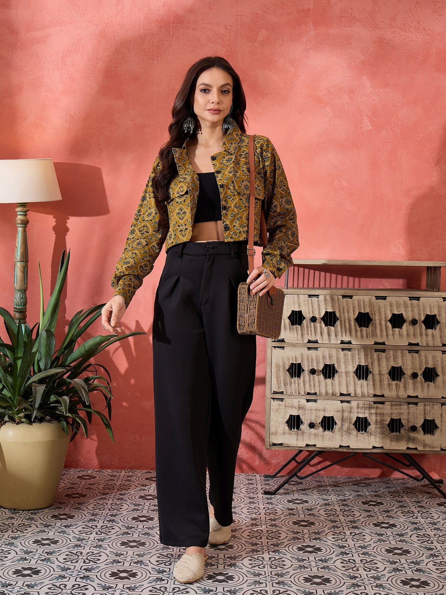InWeave Dark Yellow Kalamkari Pocket Jacket - Swadesiicart