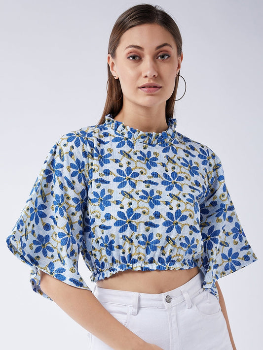 InWeave Cerulean Blue Bell Sleeves Crop Top - Swadesiicart