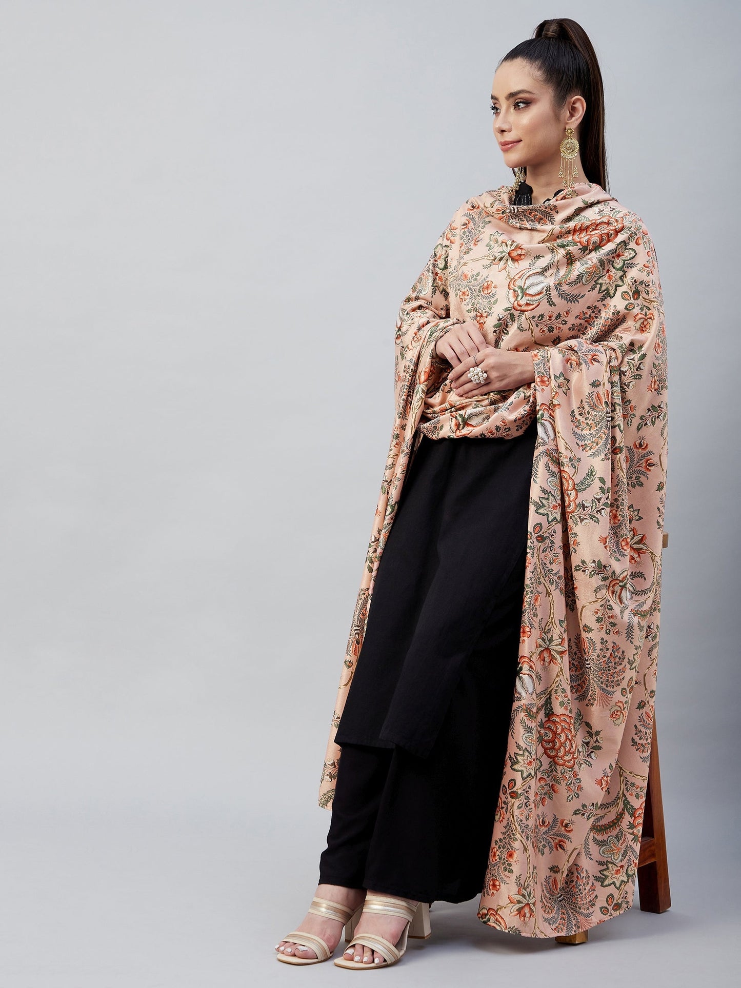 InWeave Peach Printed Velvet Shawl - Swadesiicart