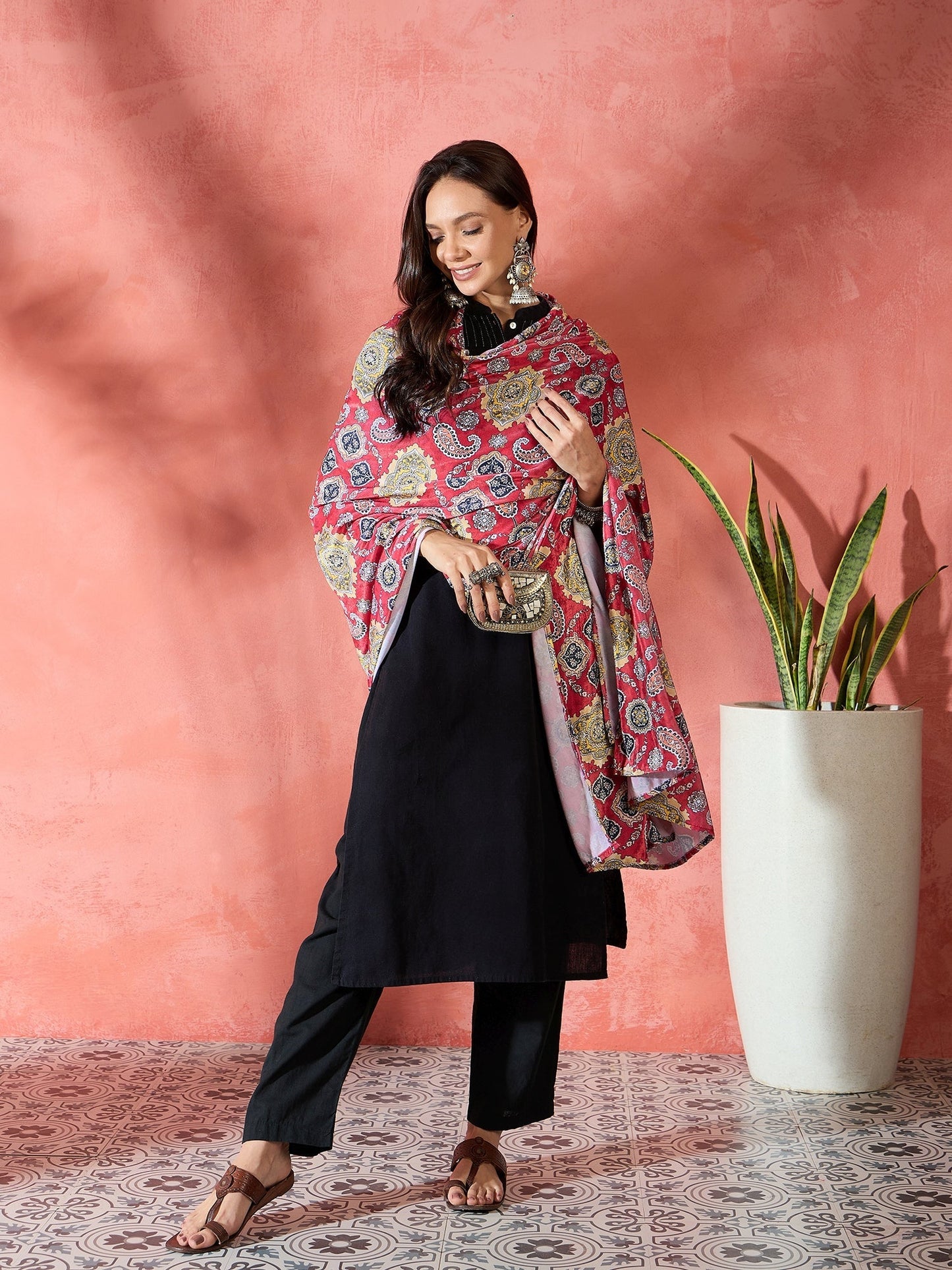 InWeave Red Printed Velvet Shawl - Swadesiicart