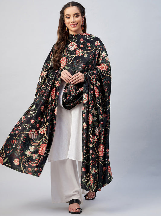 InWeave Black Printed Velvet Shawl - Swadesiicart