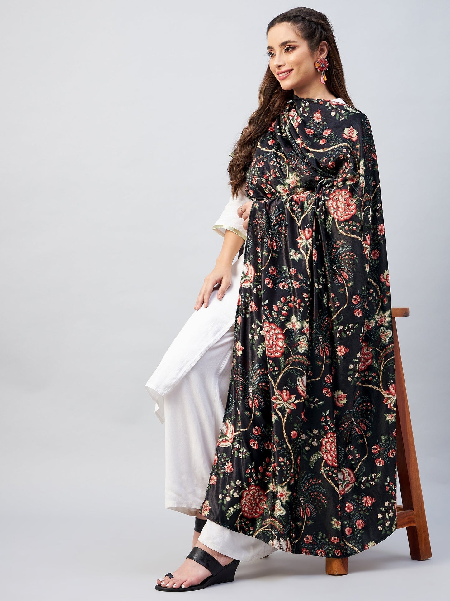 InWeave Black Printed Velvet Shawl - Swadesiicart