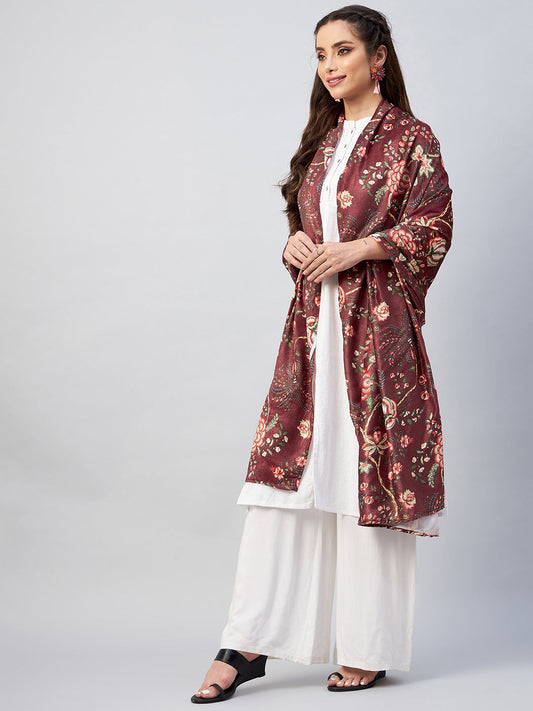 InWeave Maroon Printed Velvet Shawl - Swadesiicart