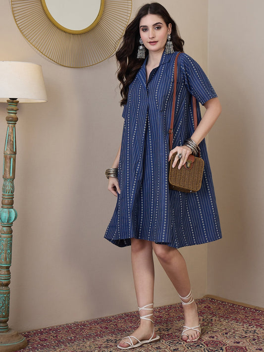 InWeave Indigo Stripe Kantha Collar Dress - Swadesiicart