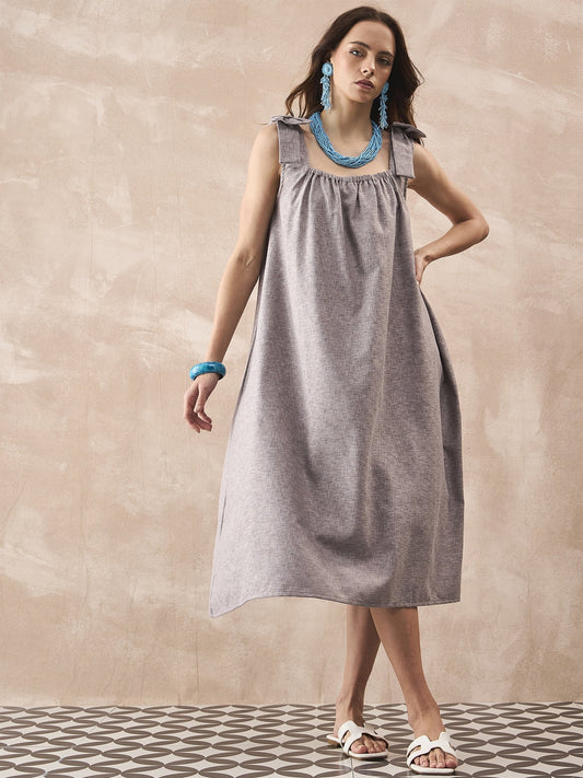 InWeave Dull Grey Linen Pleat Bow Dress - Swadesiicart
