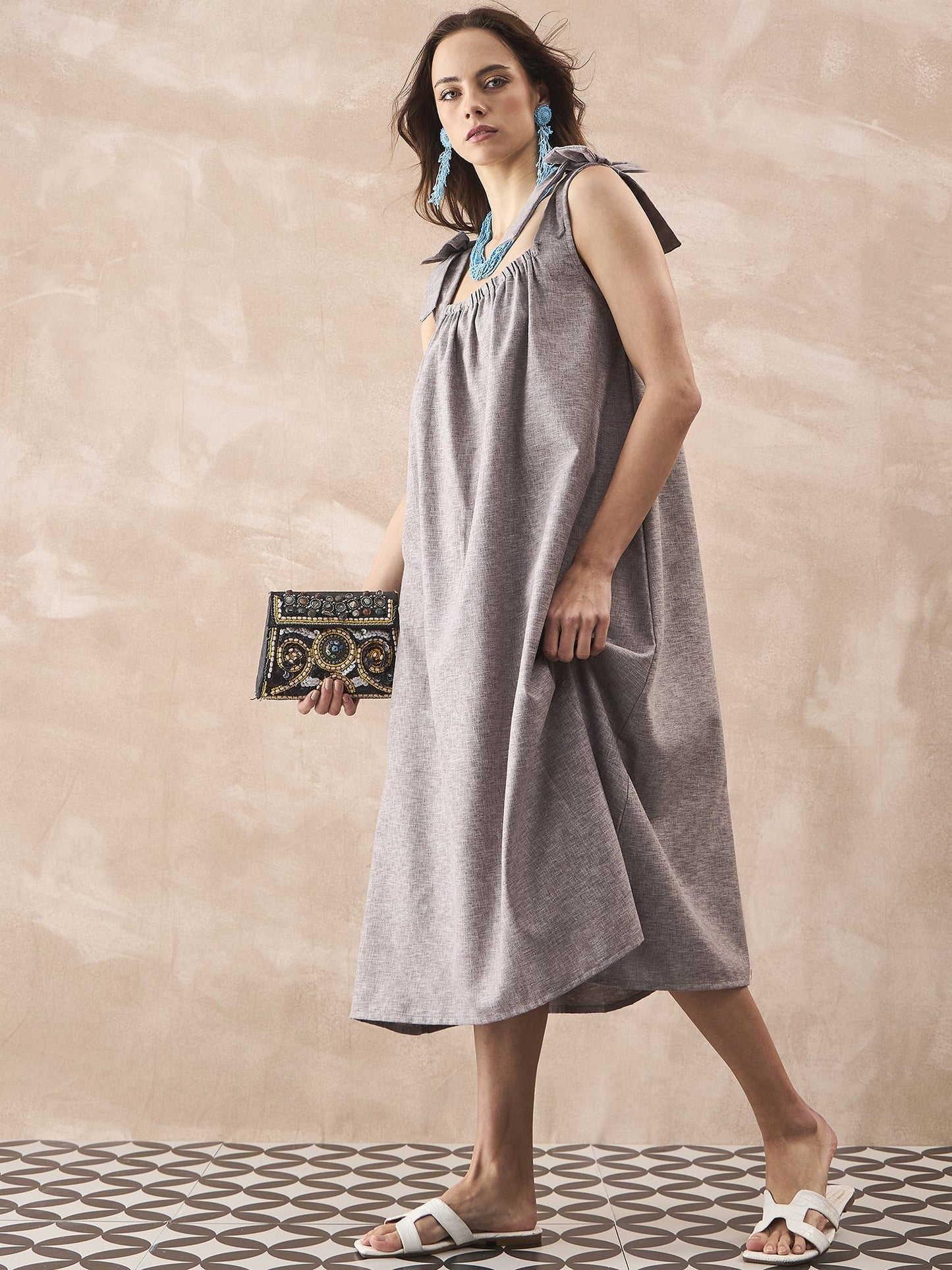 InWeave Dull Grey Linen Pleat Bow Dress - Swadesiicart