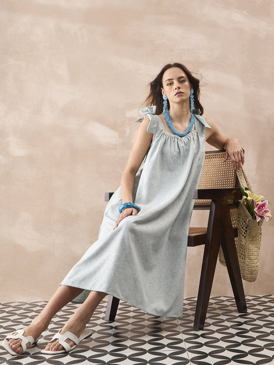 InWeave Pistachio Linen Pleat Bow Dress - Swadesiicart