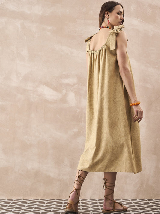 InWeave Dull Khaki Linen Pleat Bow Dress - Swadesiicart