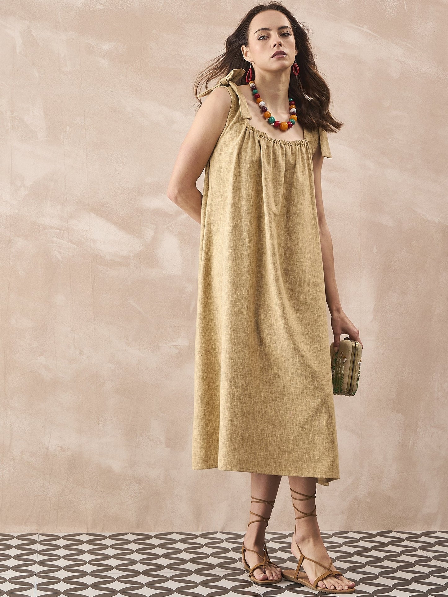 InWeave Dull Khaki Linen Pleat Bow Dress - Swadesiicart