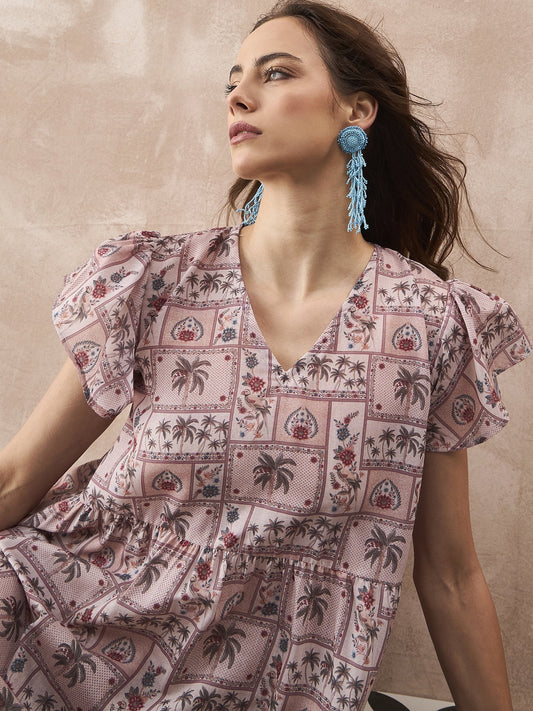 InWeave Ivory Tree Parrot Short Dress - Swadesiicart