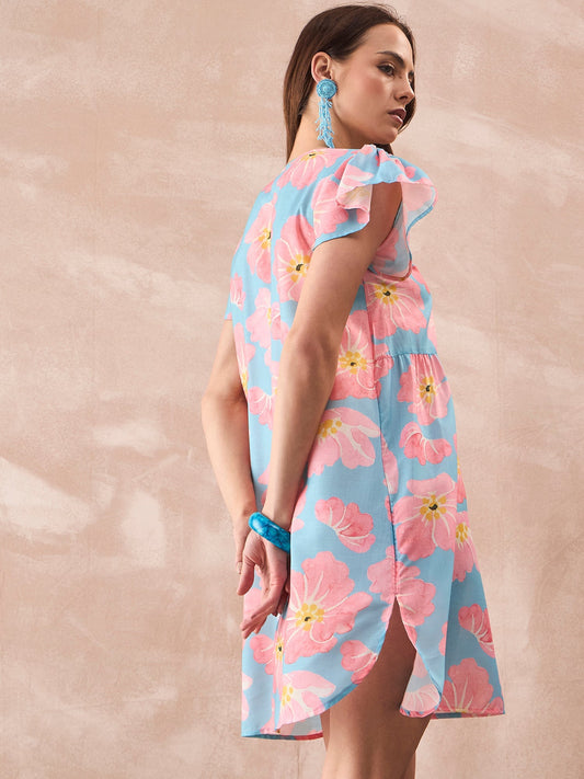 InWeave Skyblue Peach Short Dress - Swadesiicart
