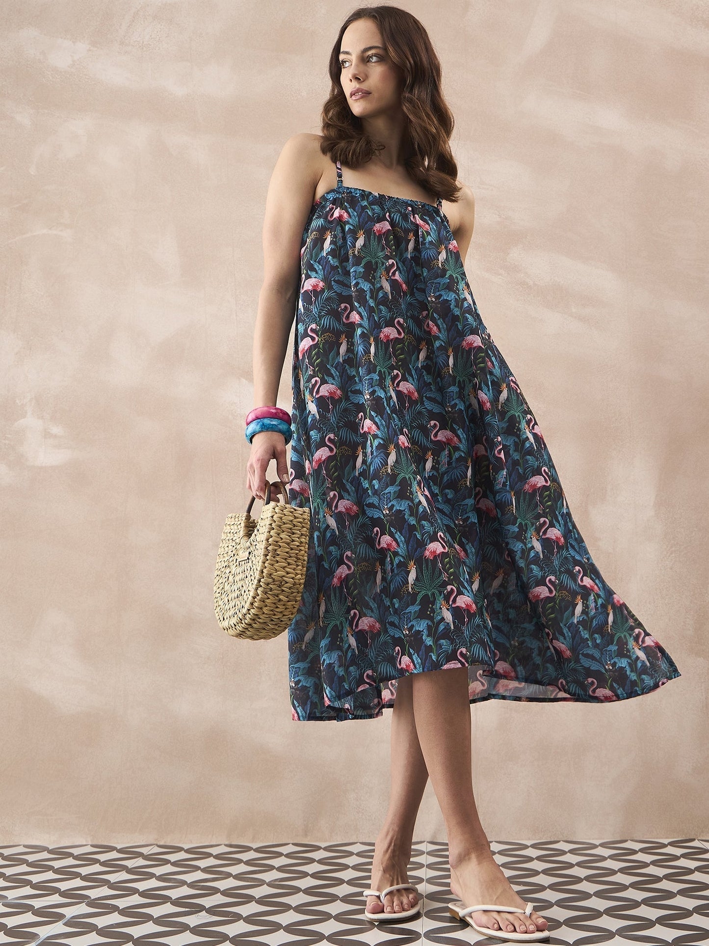InWeave Black Swan Leaf Strappy Dress - Swadesiicart