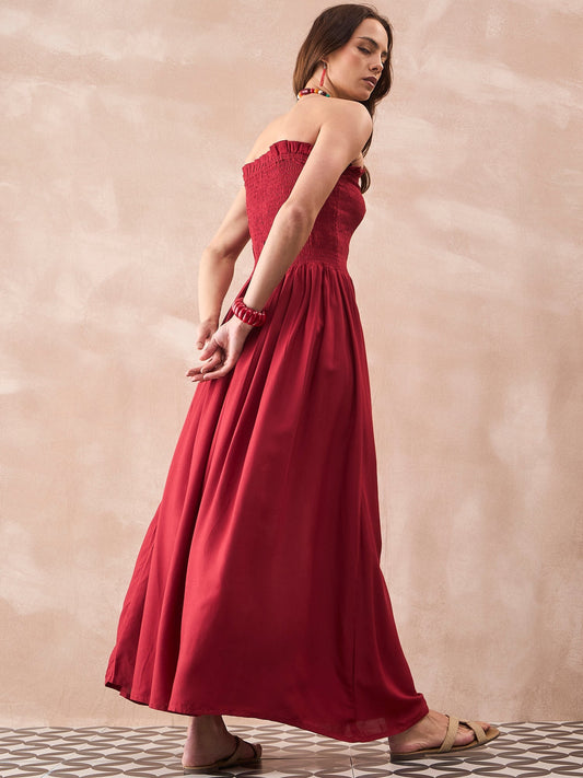 InWeave Maroon Solid Off Shoulder Dress - Swadesiicart