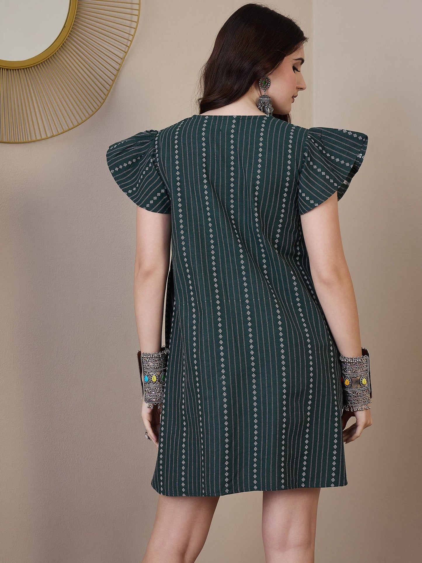 InWeave Green Stripe Kantha V Neck Short Dress - Swadesiicart