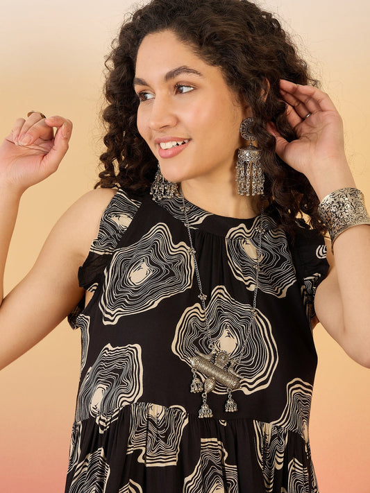 InWeave Black Beige Swril Short Dress - Swadesiicart