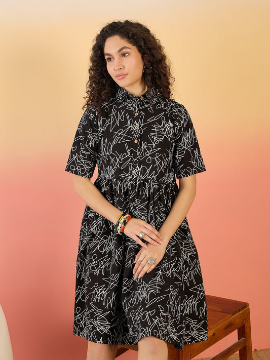 InWeave Black White Rubber Collar Dress - Swadesiicart