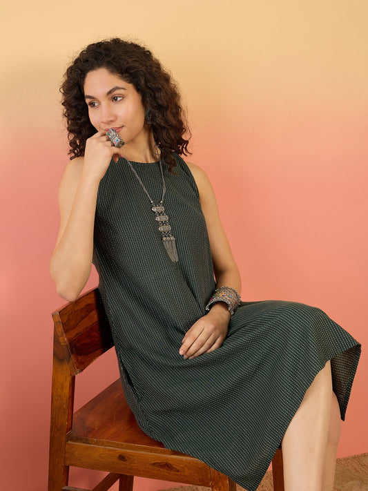 InWeave Dark Green Kantha R Neck W/S Dress - Swadesiicart