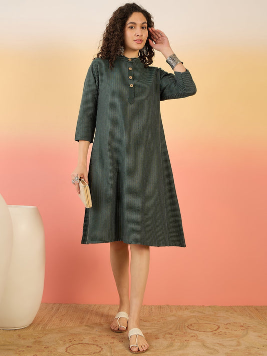 InWeave Dark Green Kantha Mandarin Button Dress - Swadesiicart