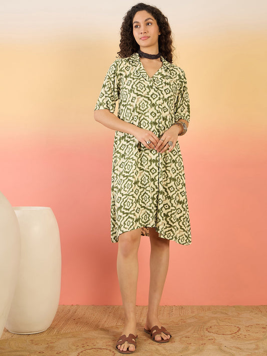 InWeave Mehandi Green Moroccan Collar Dress - Swadesiicart