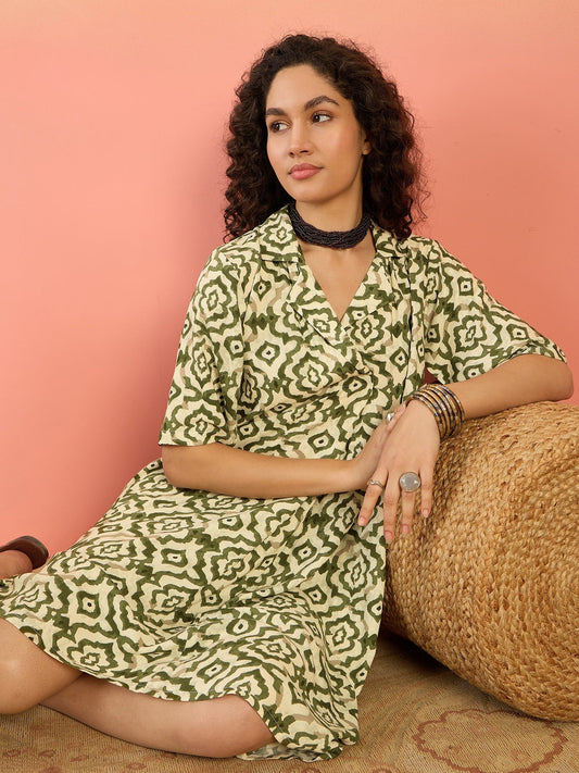 InWeave Mehandi Green Moroccan Collar Dress - Swadesiicart