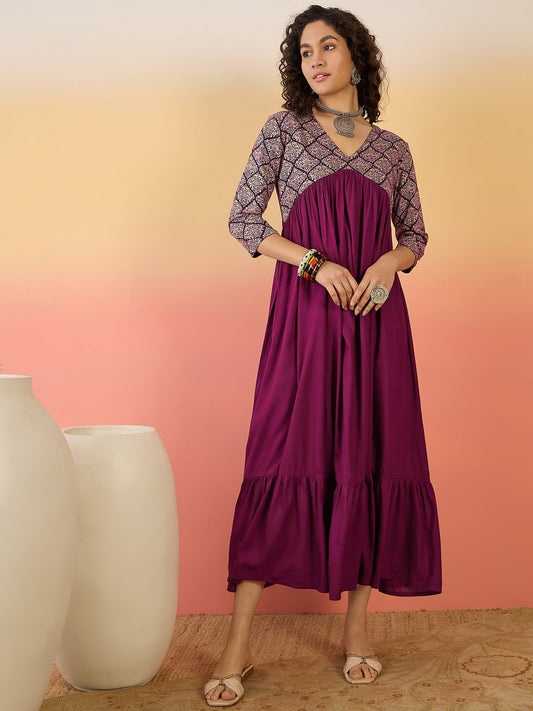 InWeave Wine Ogee Foil V Neck Teared Dress - Swadesiicart