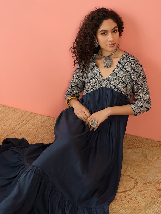 InWeave Navy Ogee Foil V Neck Teared Dress - Swadesiicart