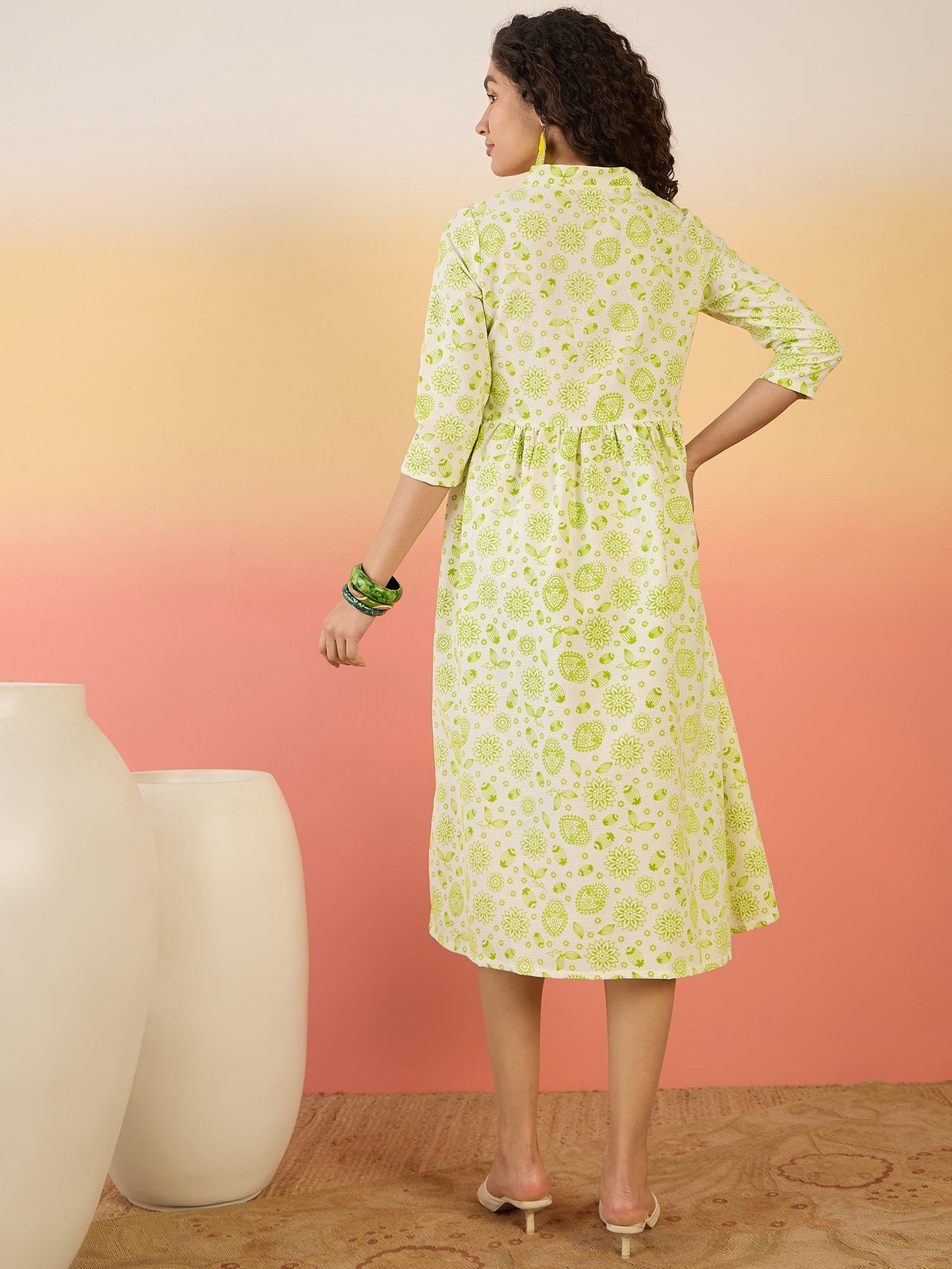 InWeave Green White Rubber Print Flared Dress - Swadesiicart