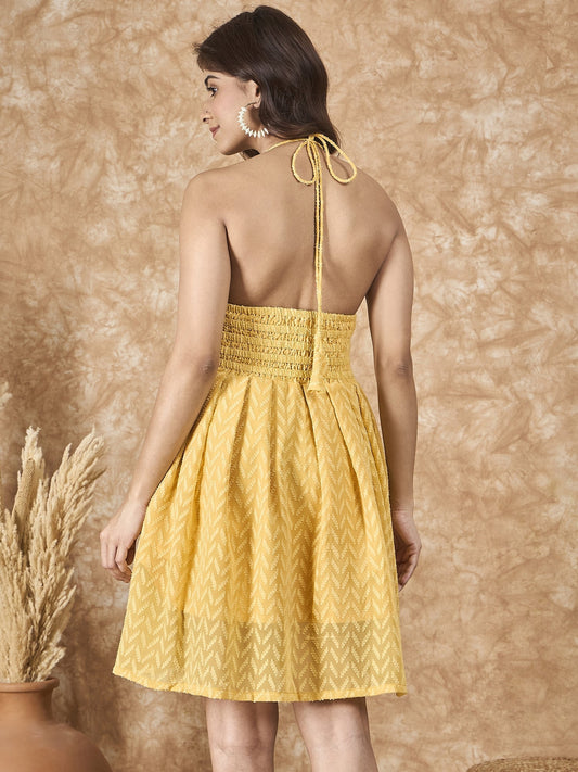 InWeave Yellow Georgette Backless Dress - Swadesiicart