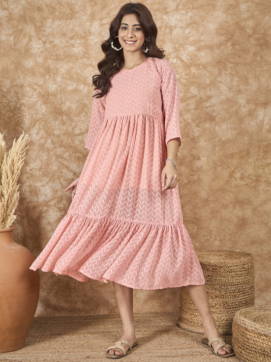 InWeave Peach Georgette R Neck Dress - Swadesiicart