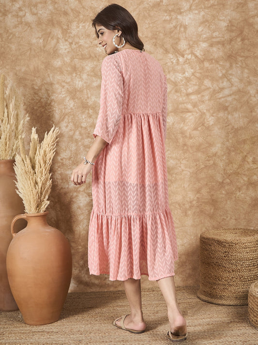 InWeave Peach Georgette R Neck Dress - Swadesiicart