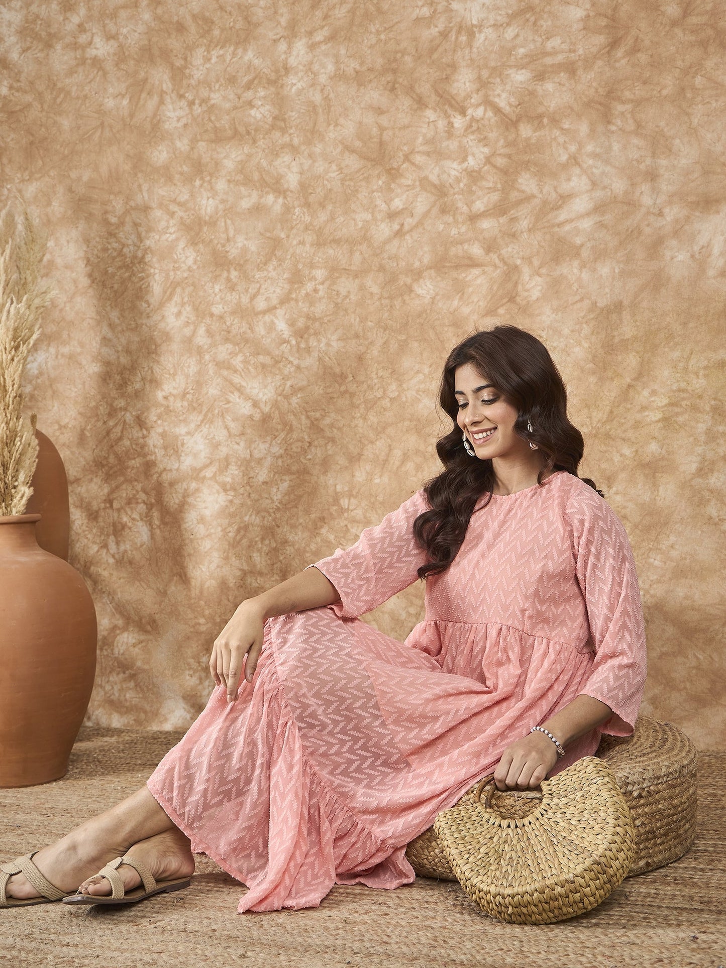 InWeave Peach Georgette R Neck Dress - Swadesiicart