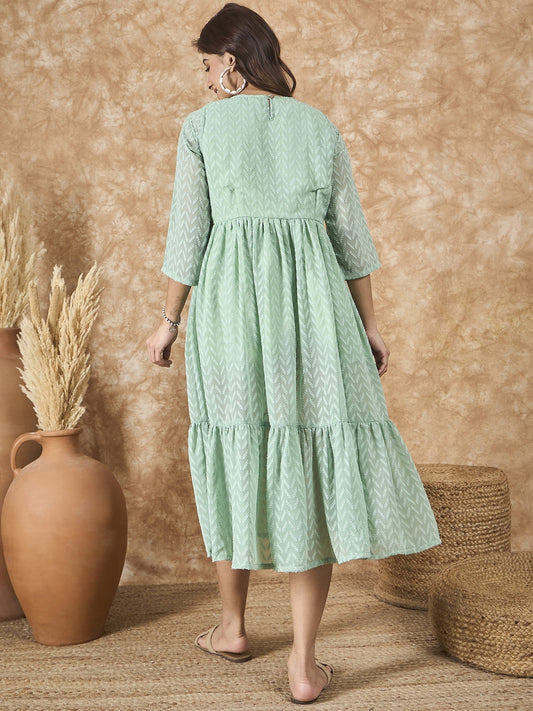 InWeave Mint Green Georgette R Neck Dress - Swadesiicart