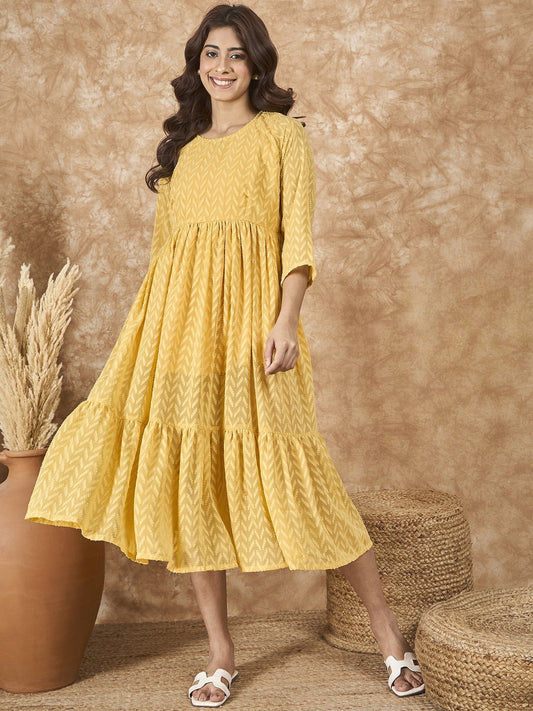 InWeave Yellow Georgette R Neck Dress - Swadesiicart