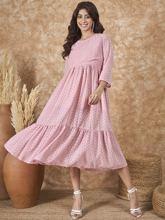InWeave Light Pink Georgette R Neck Dress - Swadesiicart