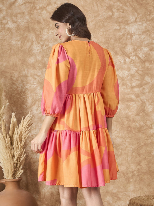 InWeave Peach Orange Print Short Dress - Swadesiicart