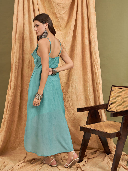 InWeave Cadet Blue Chiffon Frill Dress - Swadesiicart