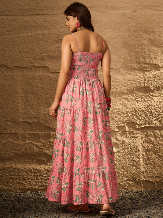InWeave Peach Floral Print Tiered Dress - Swadesiicart