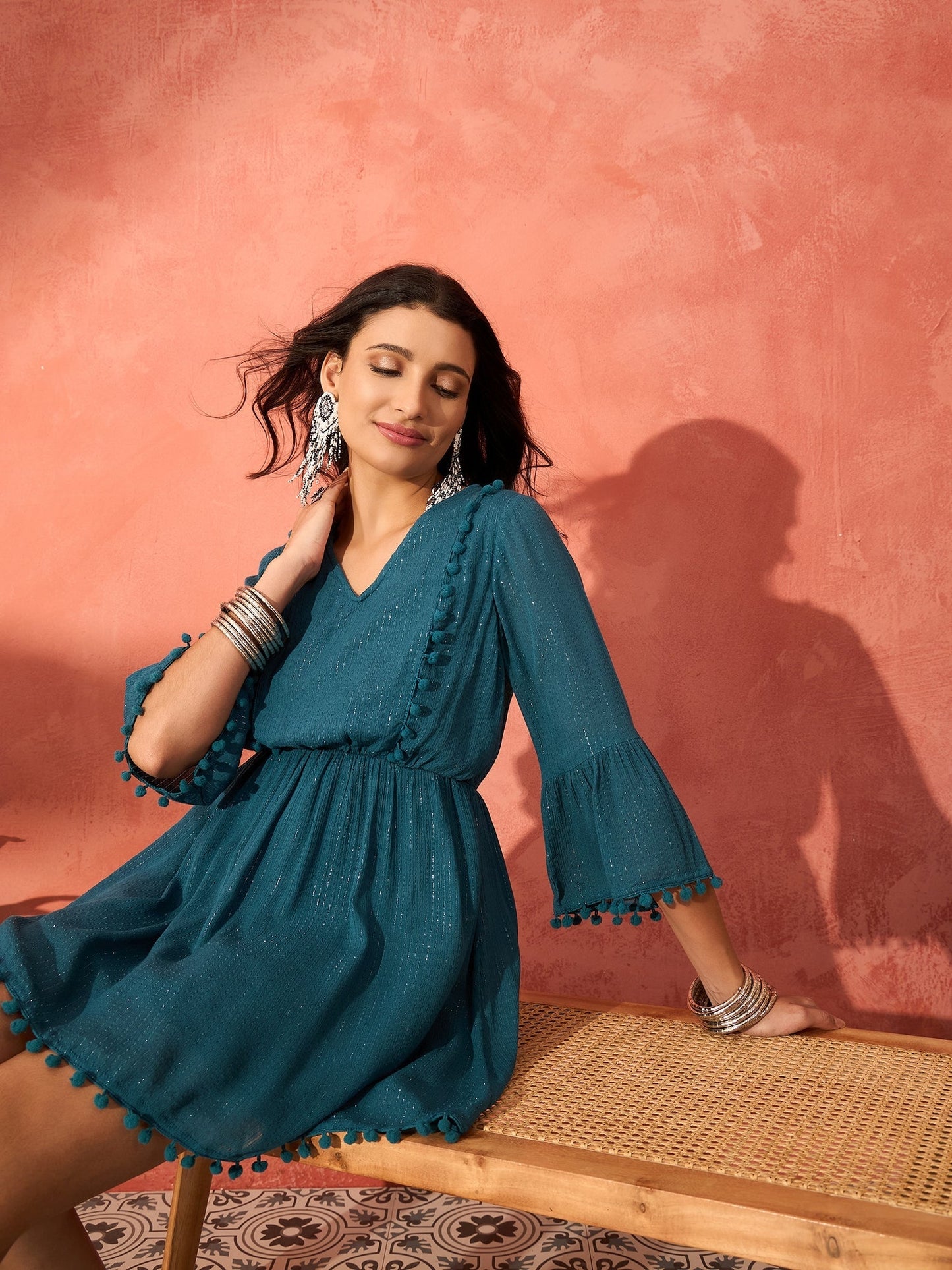 InWeave Teal Lurex Dress With Lace - Swadesiicart