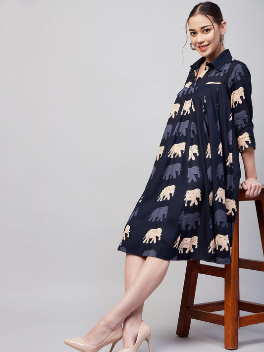 InWeave Women's Blue Elephant Print Flared Dress - Swadesiicart