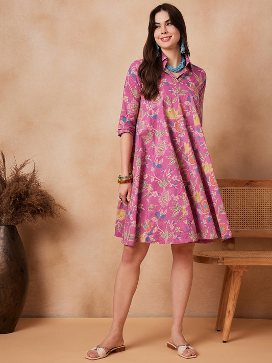 InWeave Dull Pink Floral Printed Flared Dress - Swadesiicart