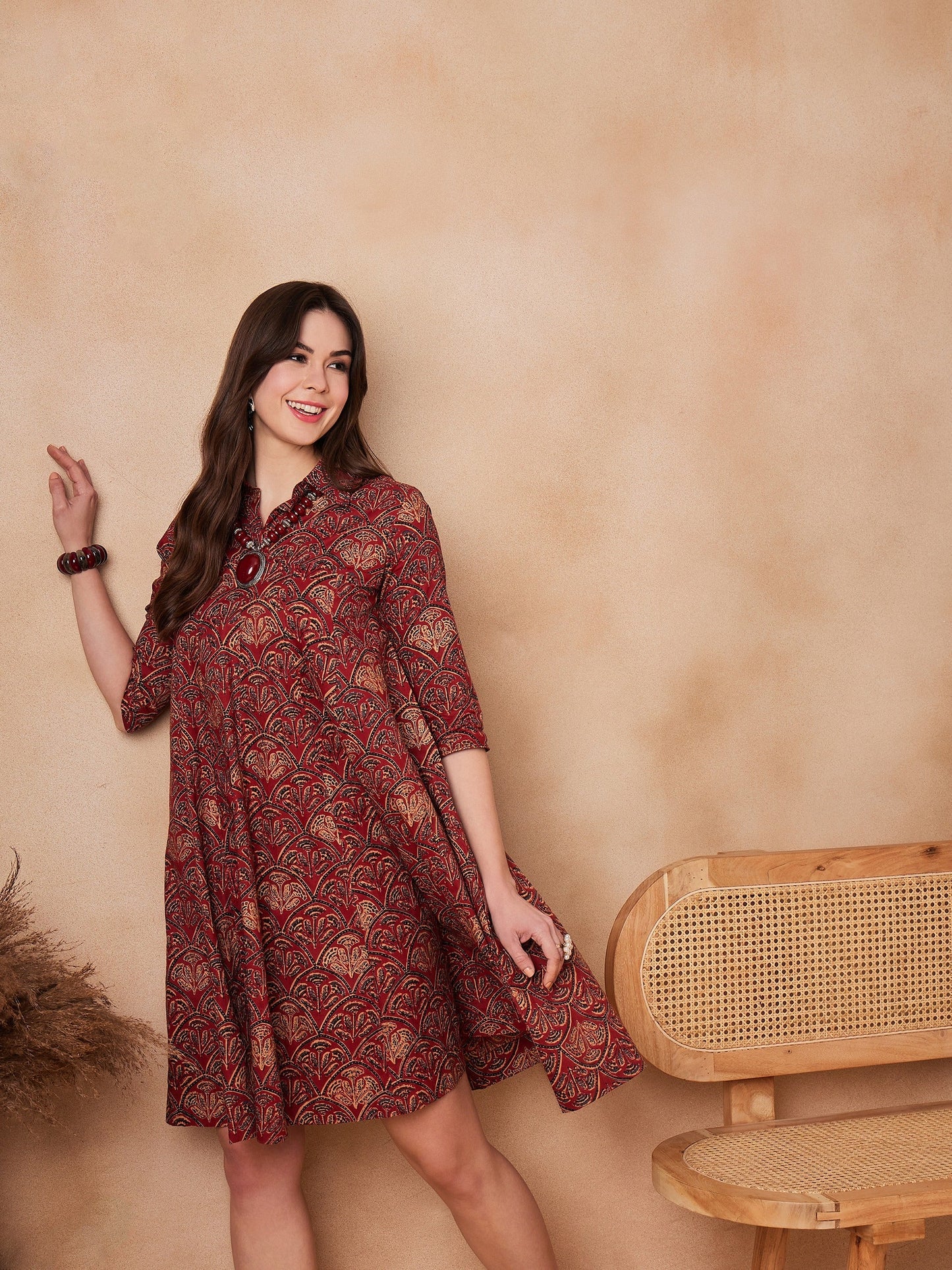 InWeave Rust Scales Printed Flared Dress - Swadesiicart