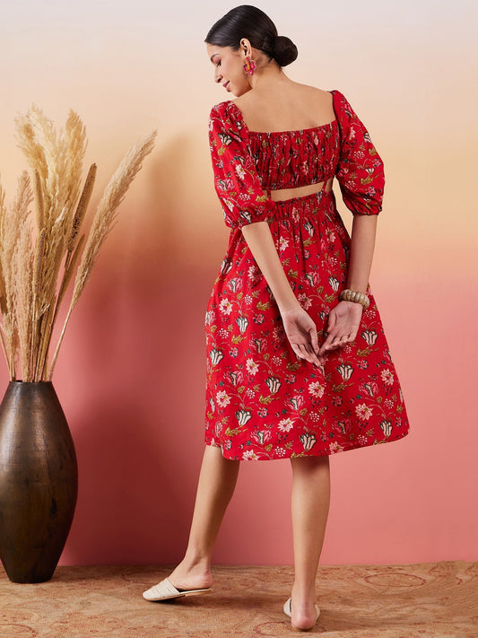InWeave Red Bishop Sleeve Dress - Swadesiicart