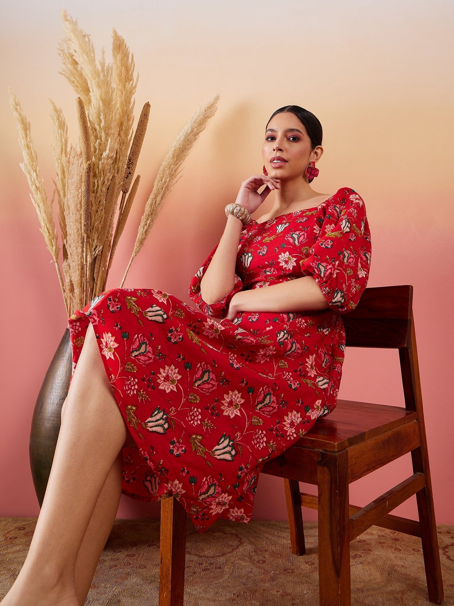 InWeave Red Bishop Sleeve Dress - Swadesiicart
