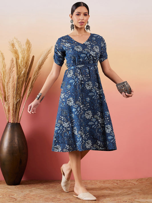 InWeave Indigo Floral Print Angrakha V Neck Belted A Line Dress - Swadesiicart
