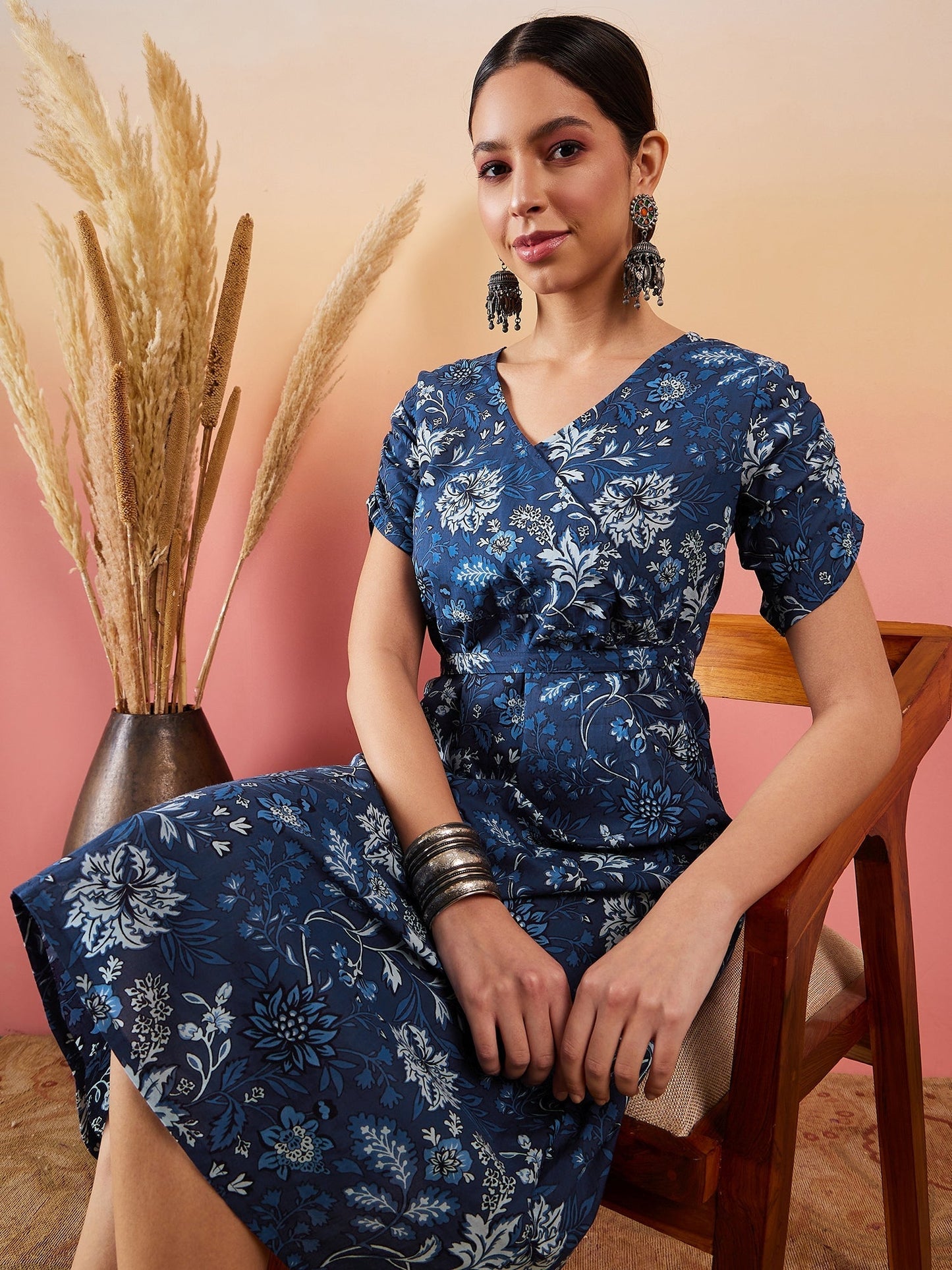 InWeave Indigo Floral Print Angrakha V Neck Belted A Line Dress - Swadesiicart