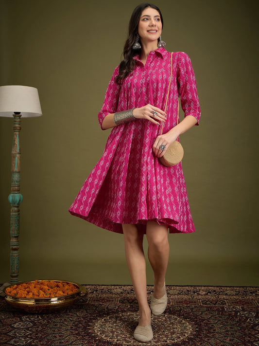InWeave Fuchsia Ikkat Kantha Collar Flared Dress - Swadesiicart