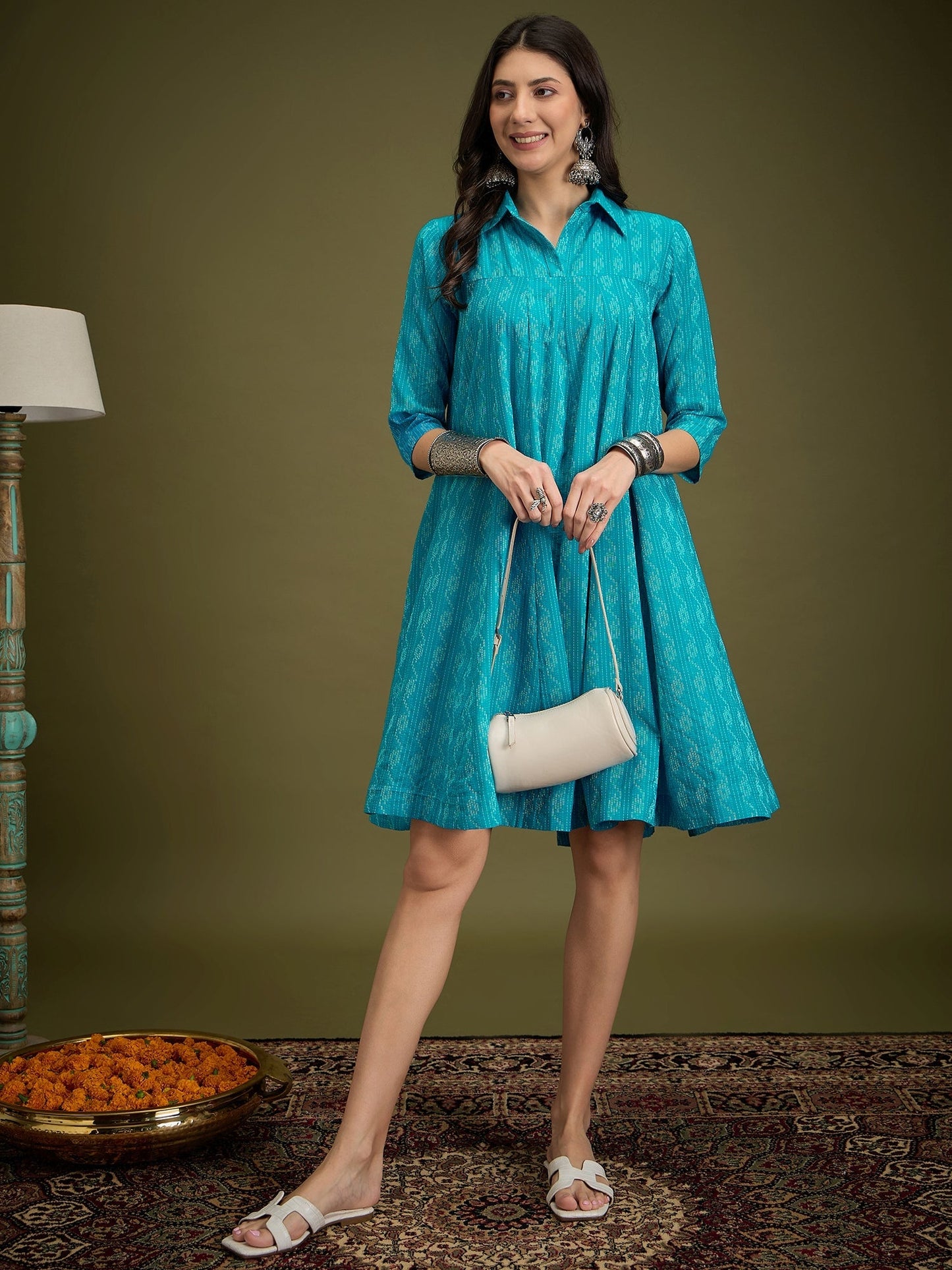 InWeave Cyan Blue Ikkat Kantha Collar Flared Dress - Swadesiicart