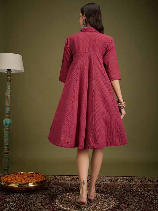 InWeave Maroon Kantha Collar Flared Dress - Swadesiicart
